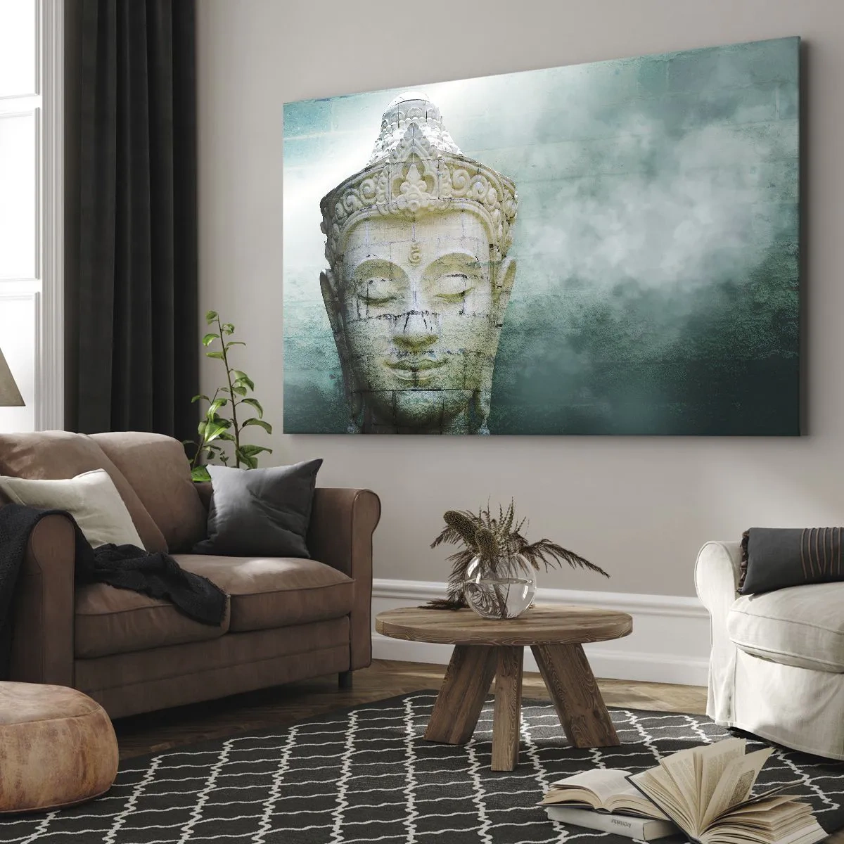 Canvas picture - Buddha statue with a gentle mist against a green background - 70x50cm - In Search of Light - Modern wall decoration for the living room and bedroom ARTTOR
