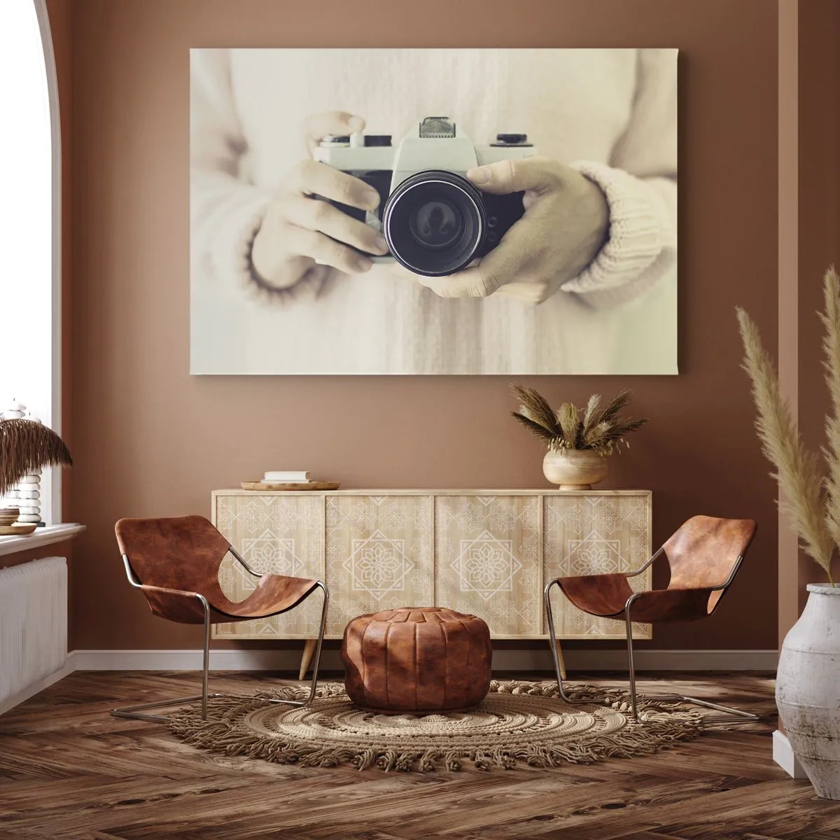 Canvas picture - Retro camera held in hands against a light background - 70x50cm - To Know More… - Modern wall decoration for the living room and bedroom ARTTOR