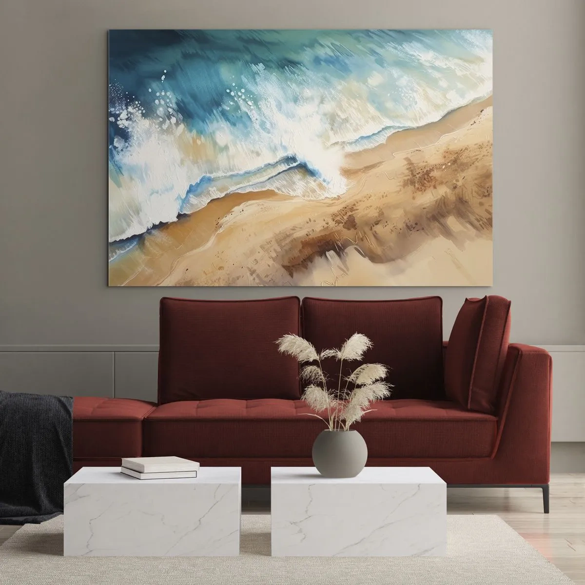 Glass picture - A bird's eye view of a blue sea wave crashing against a sandy shore - 70x50cm - Returning Wave - Modern wall decoration for the living room and bedroom ARTTOR