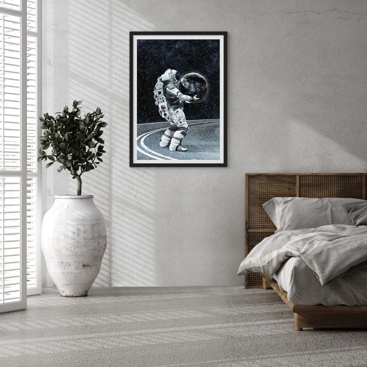 Poster in black frame - An astronaut in space holding a sphere resembling the Earth. - 50x70cm - On the Milky Way - Modern wall decoration for the living room and bedroom ARTTOR