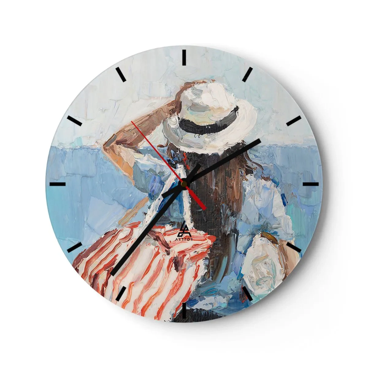 Wall clock - Clock on glass - A summer painting of a woman in a hat against the sea - 30x30cm - Welcome to Holiday - Modern wall decoration for the living room, kitchen, and bedroom ARTTOR