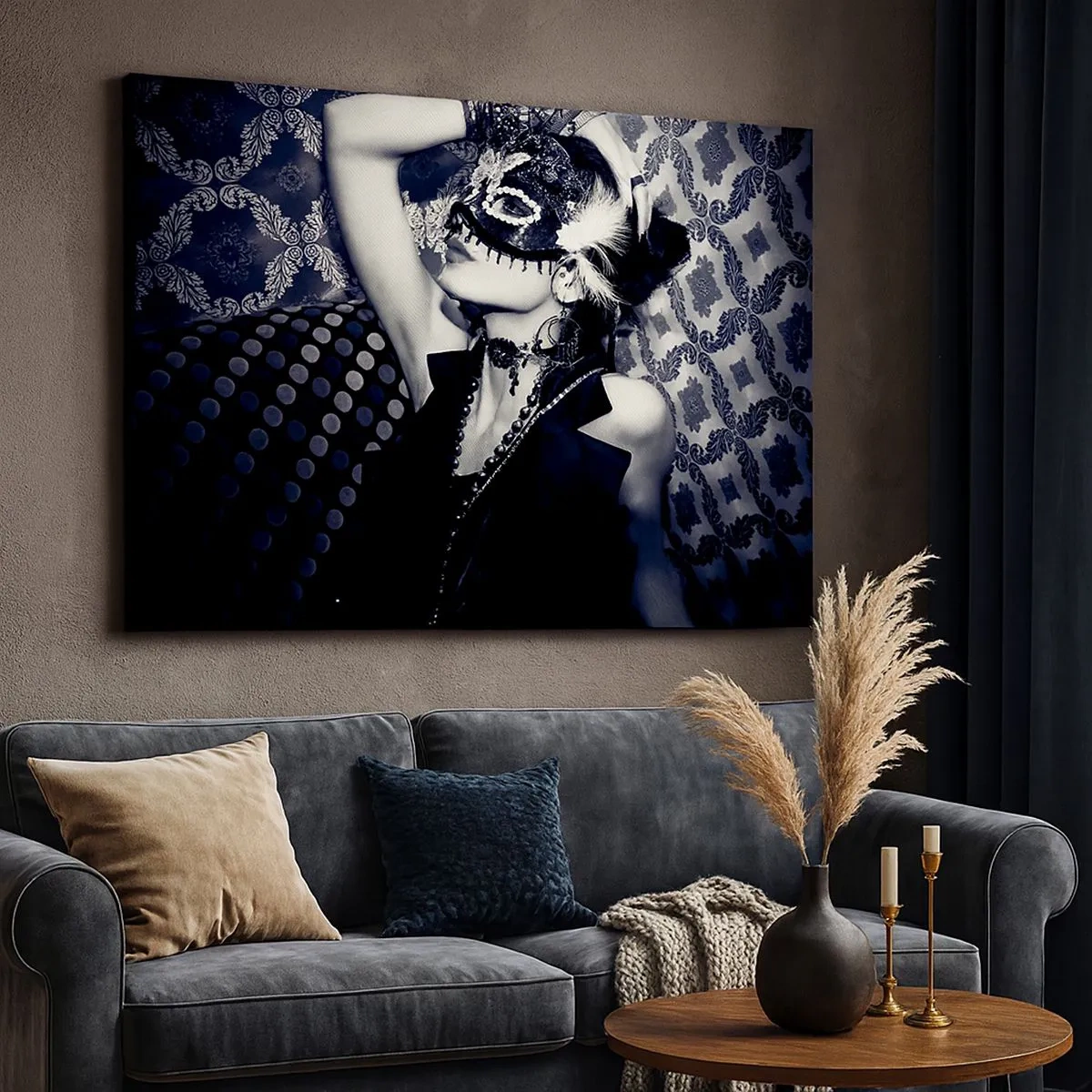 Canvas picture - A woman in a Venetian mask against a background of ornate patterns. - 70x50cm - Decorations, Ornaments, Patterns - Modern wall decoration for the living room and bedroom ARTTOR