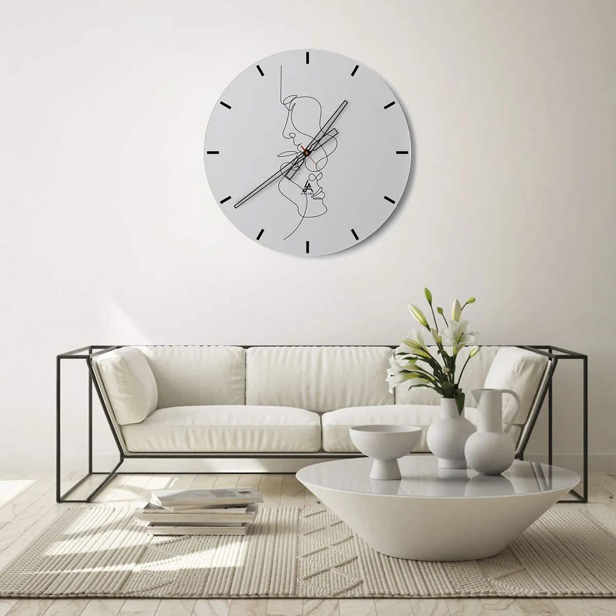 Wall clock - Clock on glass - Minimalist face outlines in black lines on a white background - 30x30cm - Ardour of Desires - Modern wall decoration for the living room, kitchen, and bedroom ARTTOR