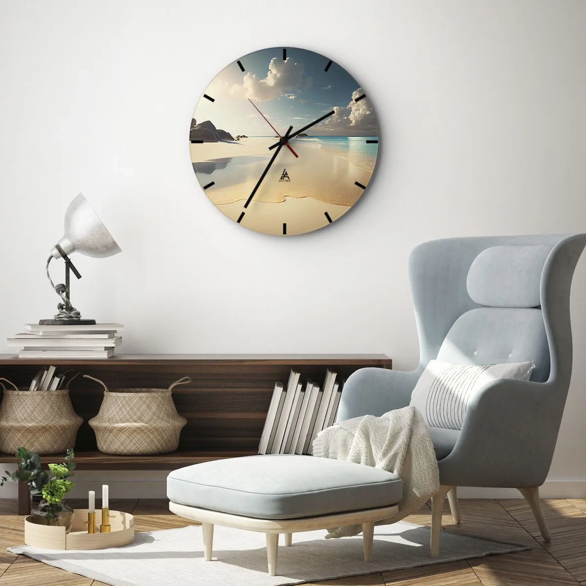 Wall clock - Clock on glass - Tropical beach with white sand and turquoise water - 30x30cm - Dream Day - Modern wall decoration for the living room, kitchen, and bedroom ARTTOR