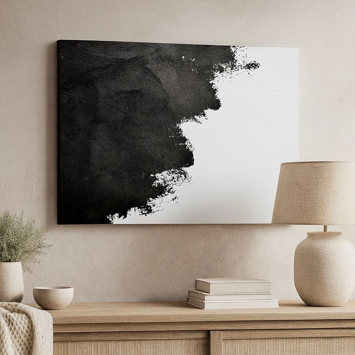 Canvas picture - Black and white abstraction with contrasting brushstrokes - 70x50cm - Elements: Earth - Modern wall decoration for the living room and bedroom ARTTOR