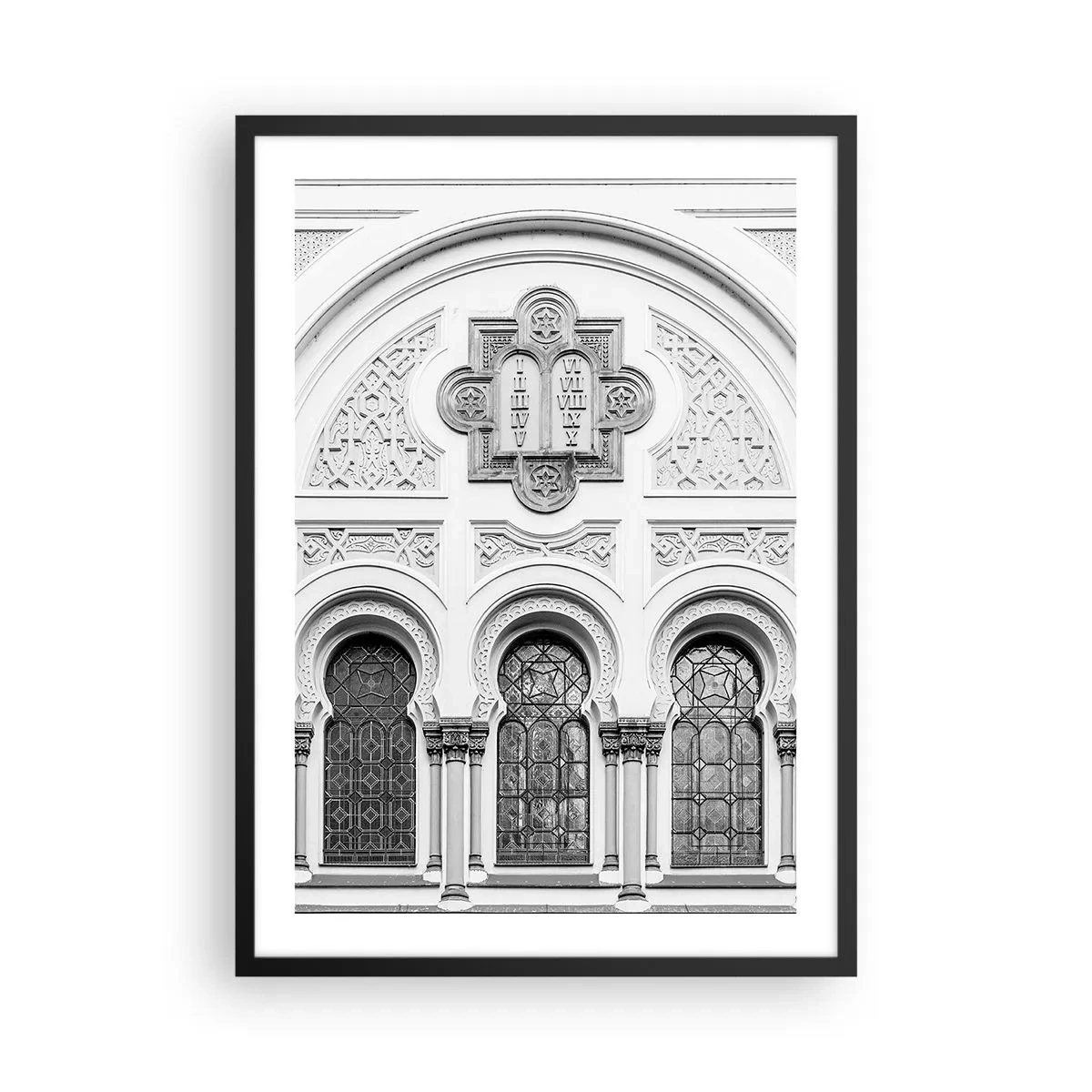 Poster in black frame - Architectural detail in the neo-Gothic style, black and white - 50x70cm - At the Crossroads of Cultures - Modern wall decoration for the living room and bedroom ARTTOR