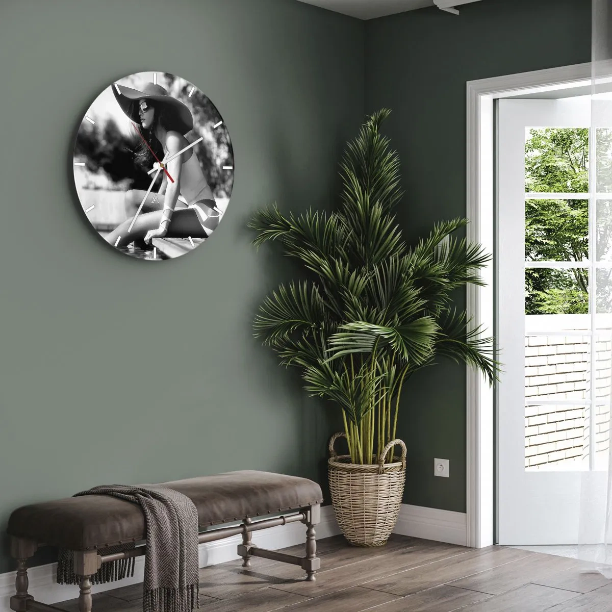 Wall clock - Clock on glass - Stylish woman portrait in a hat and sunglasses by the pool - 30x30cm - Summer Dream - Modern wall decoration for the living room, kitchen, and bedroom ARTTOR