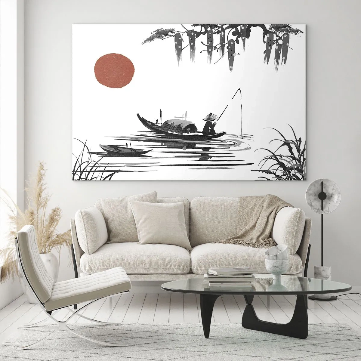 Glass picture - Traditional fishing boat on a river with a red sun - 70x50cm - Asian Afternoon - Modern wall decoration for the living room and bedroom ARTTOR