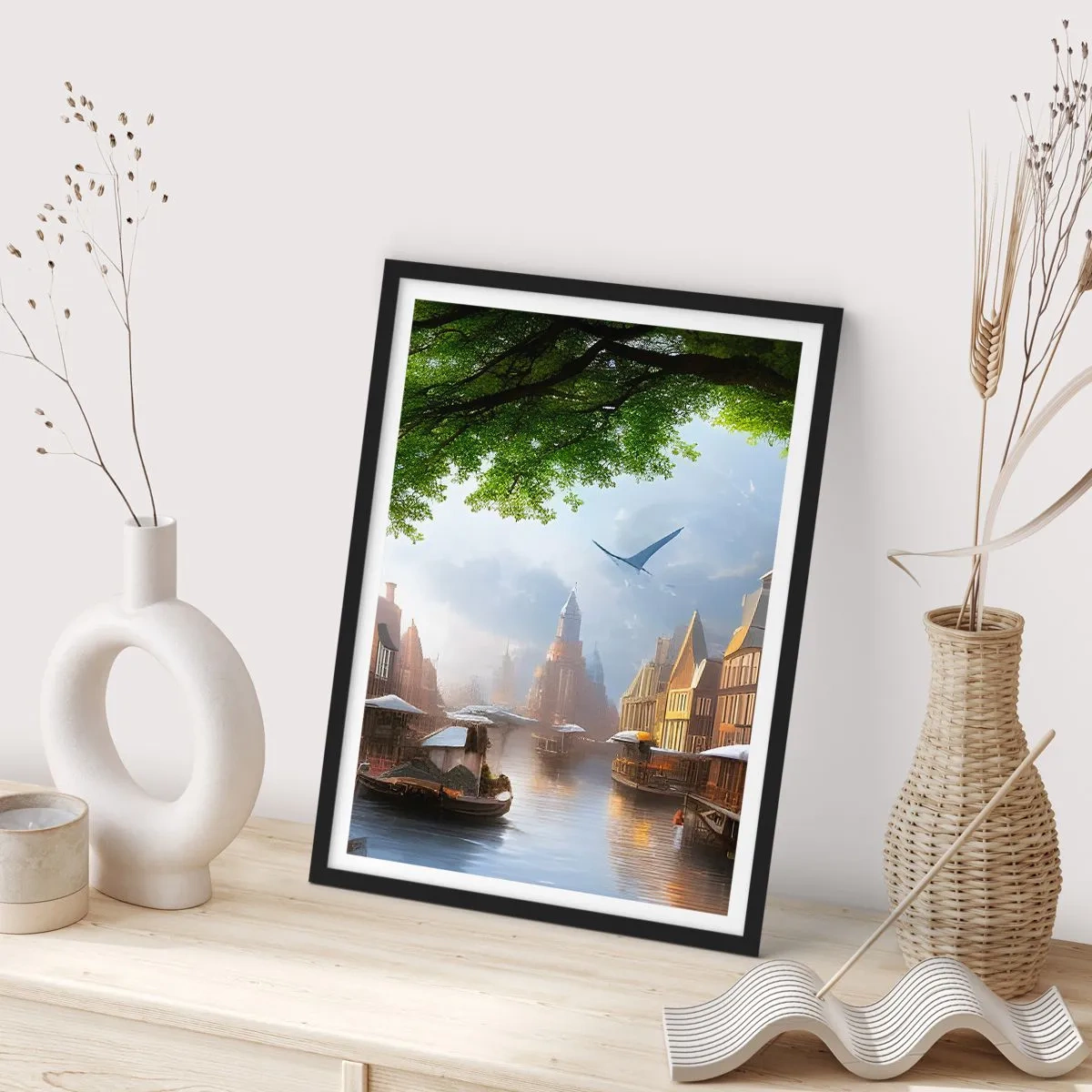 Poster in black frame - Picturesque view of the canal with historic architecture - 50x70cm - Dutch Urban Landscape - Modern wall decoration for the living room and bedroom ARTTOR