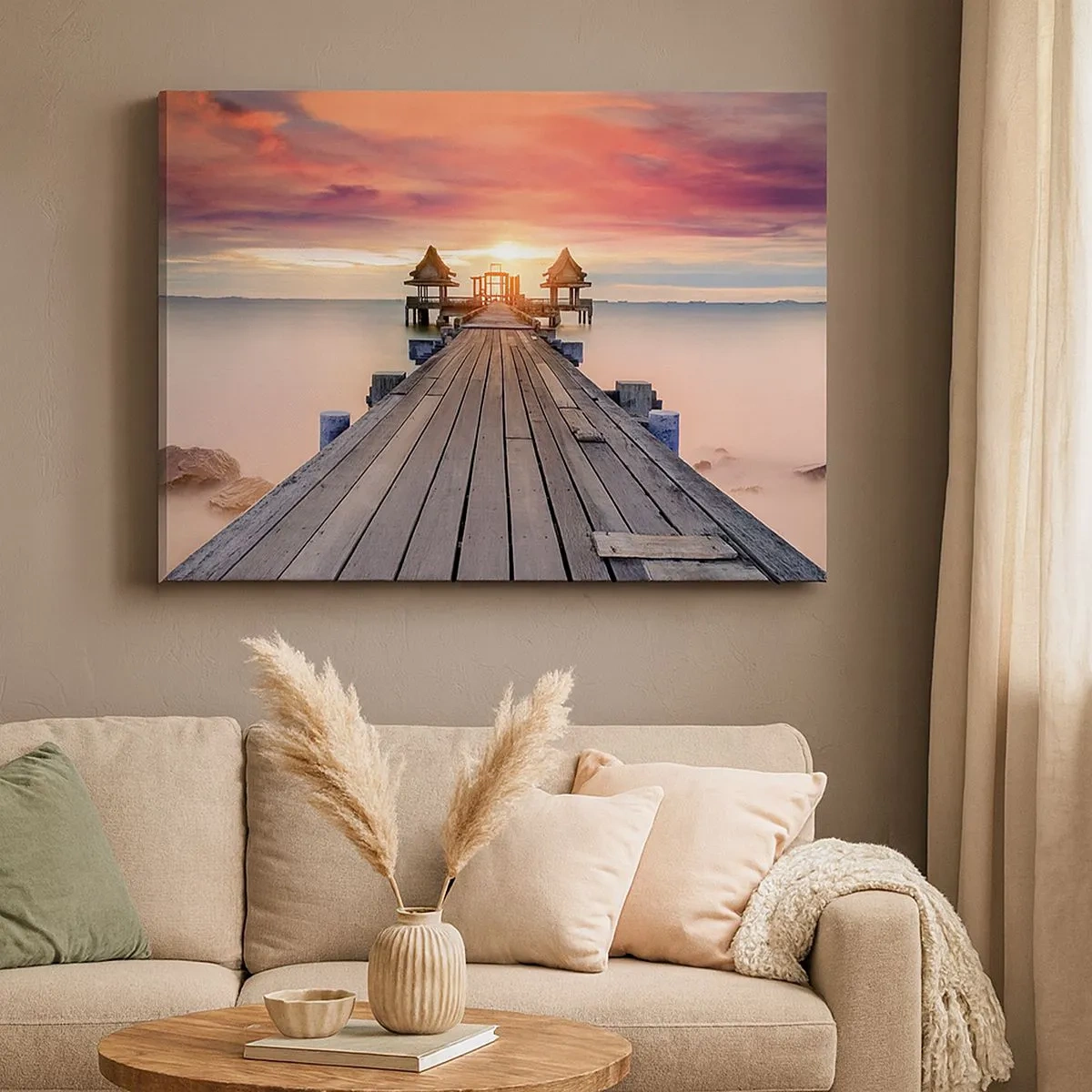 Canvas picture - Wooden pier leading to gazebos at sunset - 70x50cm - Sunset on the East - Modern wall decoration for the living room and bedroom ARTTOR