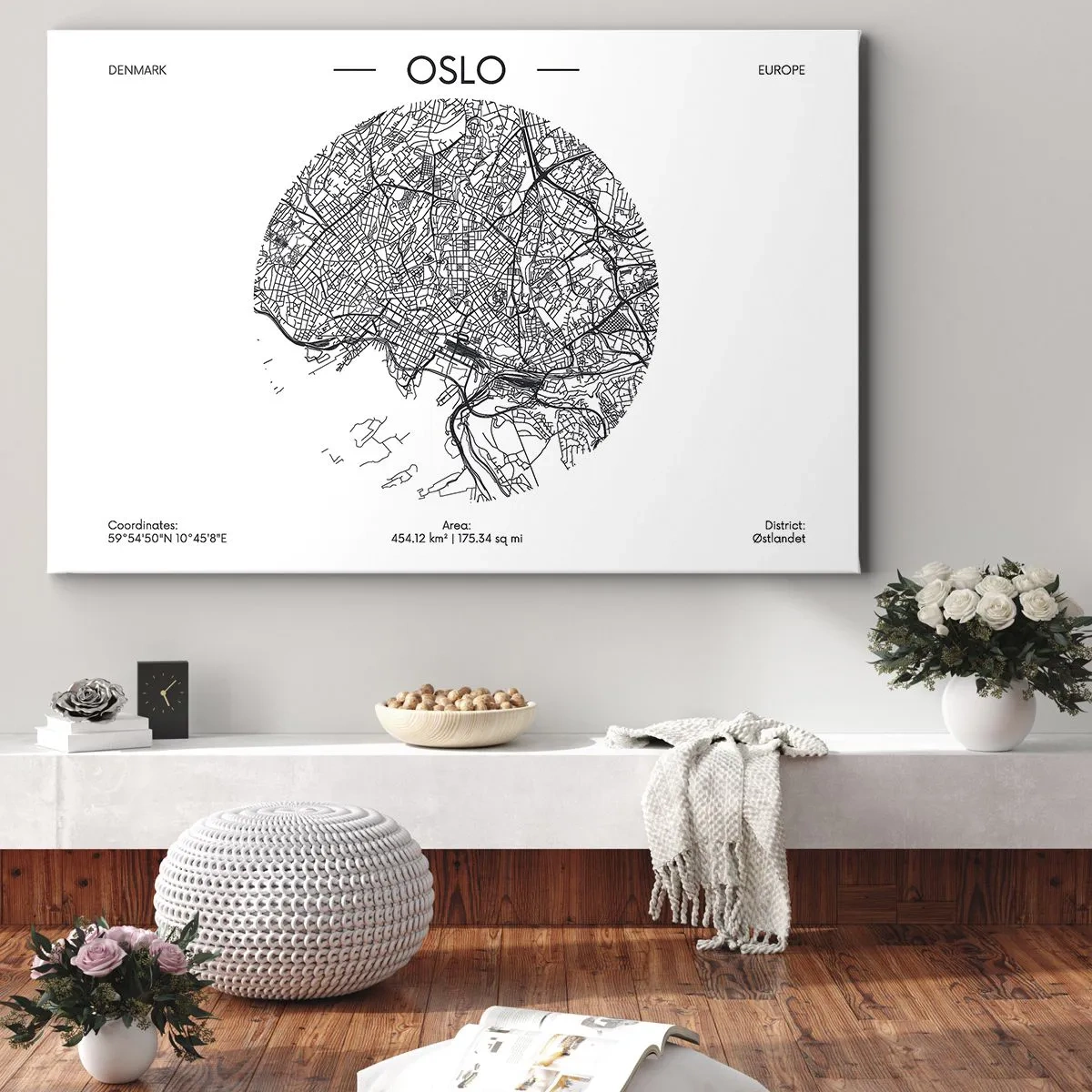 Canvas picture - A map of Oslo in a minimalist black and white style. - 70x50cm - Anatomy of Oslo - Modern wall decoration for the living room and bedroom ARTTOR