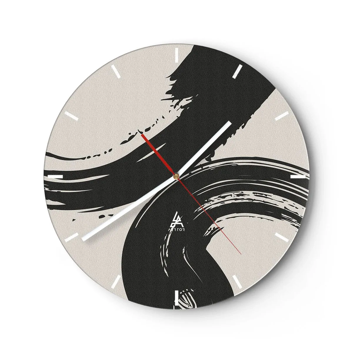 Wall clock - Clock on glass - Black sweeping strokes on a light background - 30x30cm - With Big Circural Strokes - Modern wall decoration for the living room, kitchen, and bedroom ARTTOR
