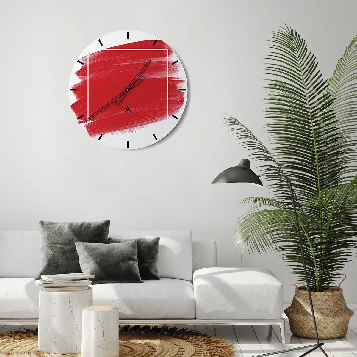 Wall clock - Clock on glass - Red brush stroke crossing a white border - 30x30cm - Without a Frame - Modern wall decoration for the living room, kitchen, and bedroom ARTTOR