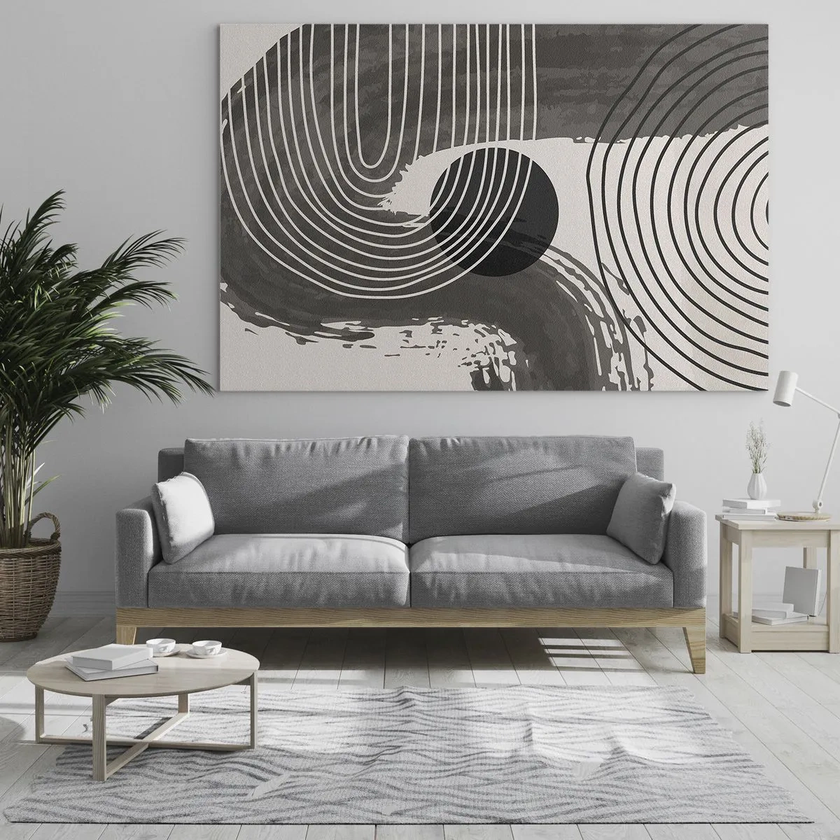 Glass picture - Modern abstraction with black and white lines and an oval - 70x50cm - Oval Wins - Modern wall decoration for the living room and bedroom ARTTOR