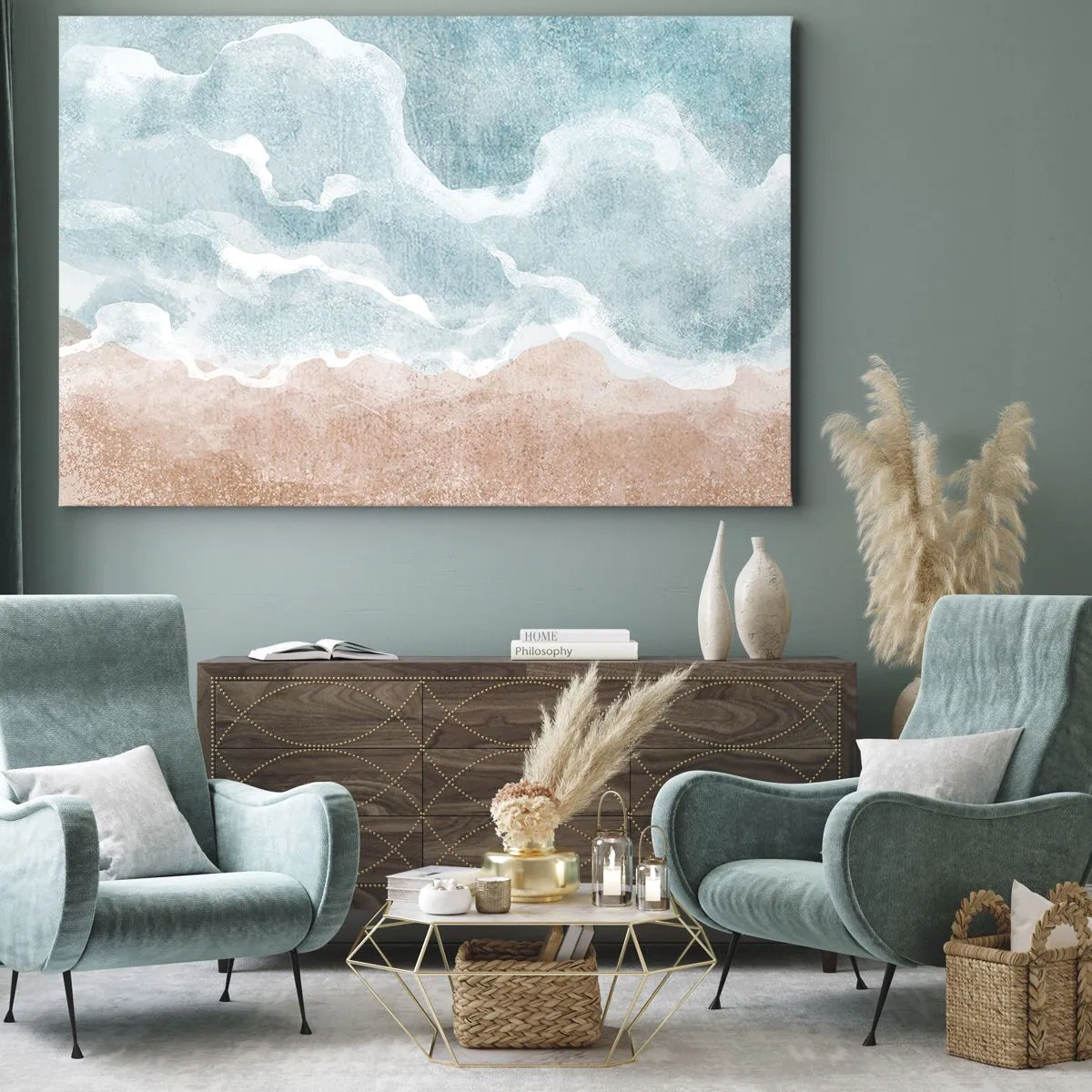 Canvas picture - Abstract beach with waves in shades of blue and beige - 70x50cm - Cloudy Abstract - Modern wall decoration for the living room and bedroom ARTTOR