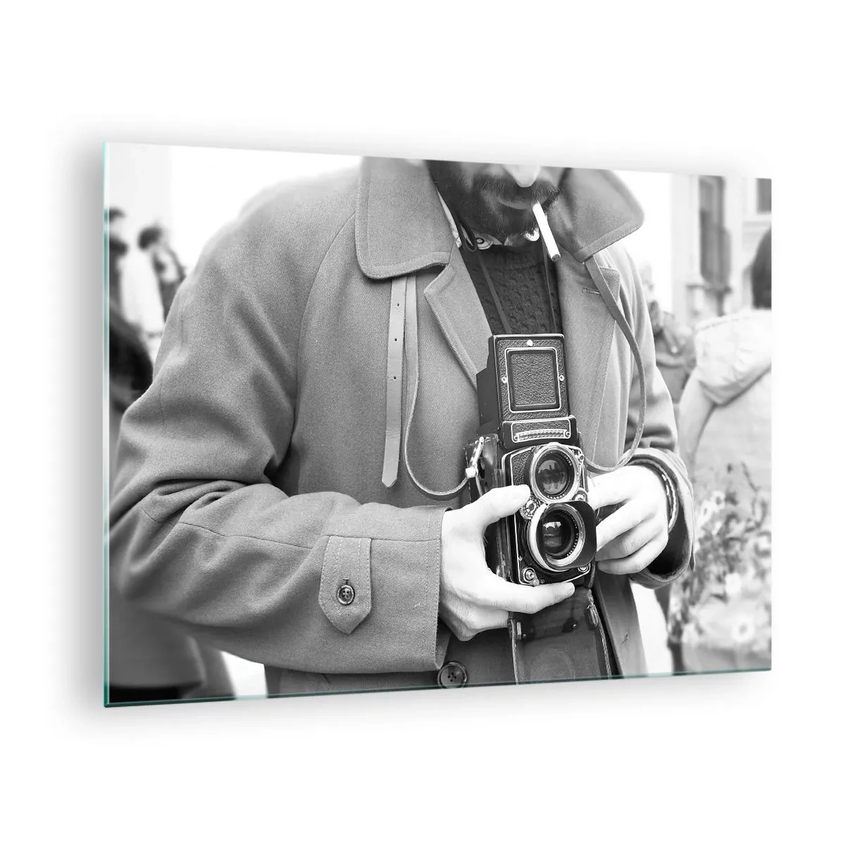 Glass picture - Black and white photo of a man with an analog camera - 70x50cm - In Retro Style - Modern wall decoration for the living room and bedroom ARTTOR