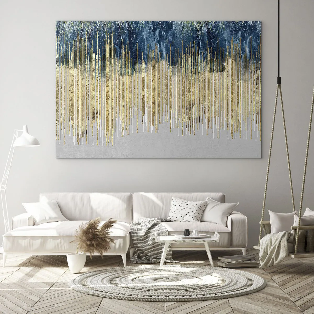 Glass picture - Golden vertical lines against a dark blue forest background - 70x50cm - Glided Border - Modern wall decoration for the living room and bedroom ARTTOR