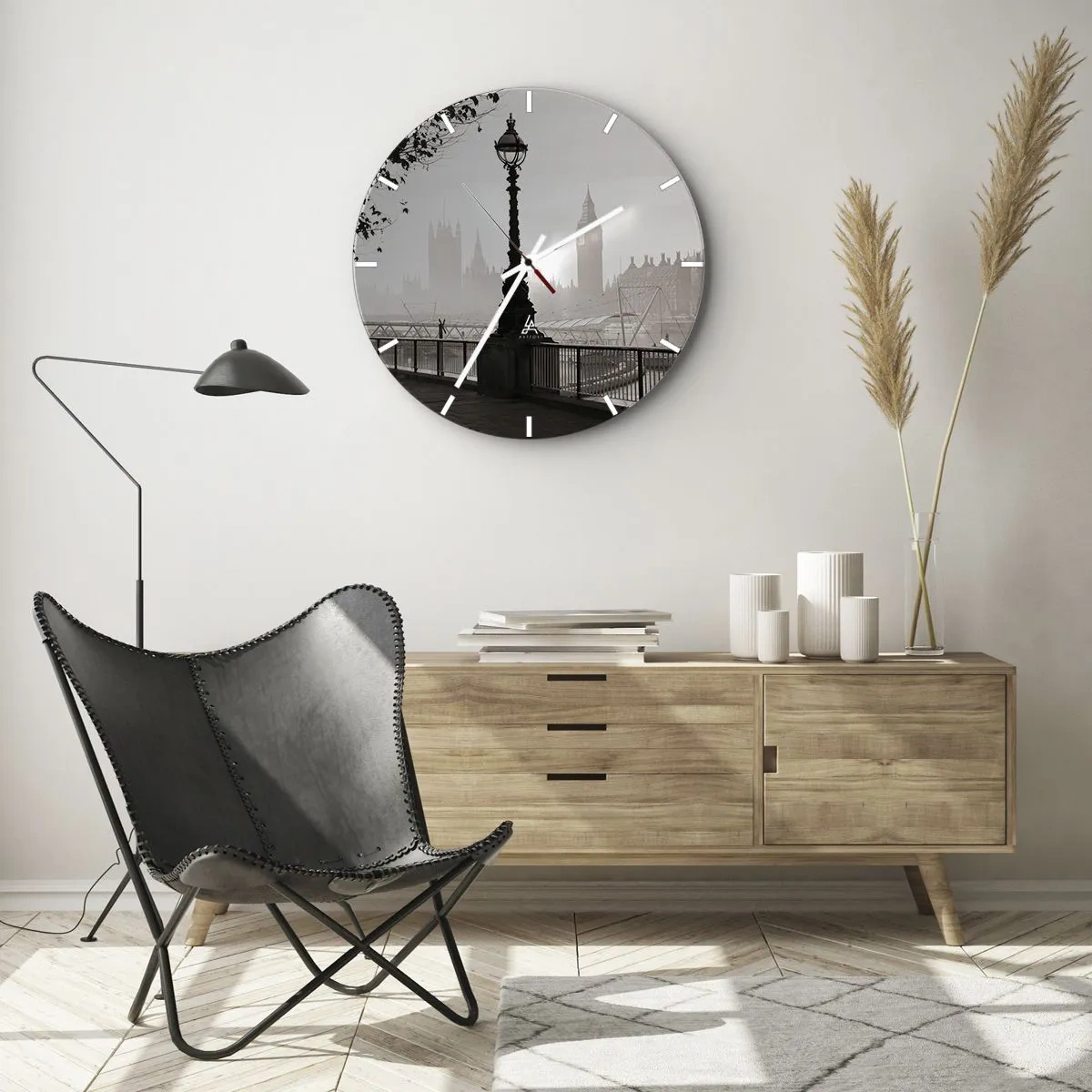 Wall clock - Clock on glass - A lighthouse on the Thames with the London skyline in the background - 30x30cm - London Morning - Modern wall decoration for the living room, kitchen, and bedroom ARTTOR