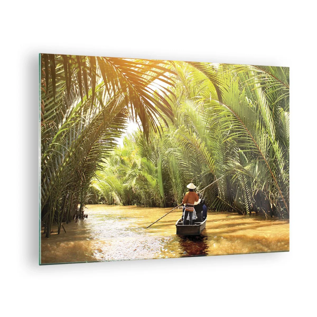 Glass picture - A boat with a man rowing it sails through a palm-fringed gorge - 70x50cm - Through a Palm Ravine - Modern wall decoration for the living room and bedroom ARTTOR