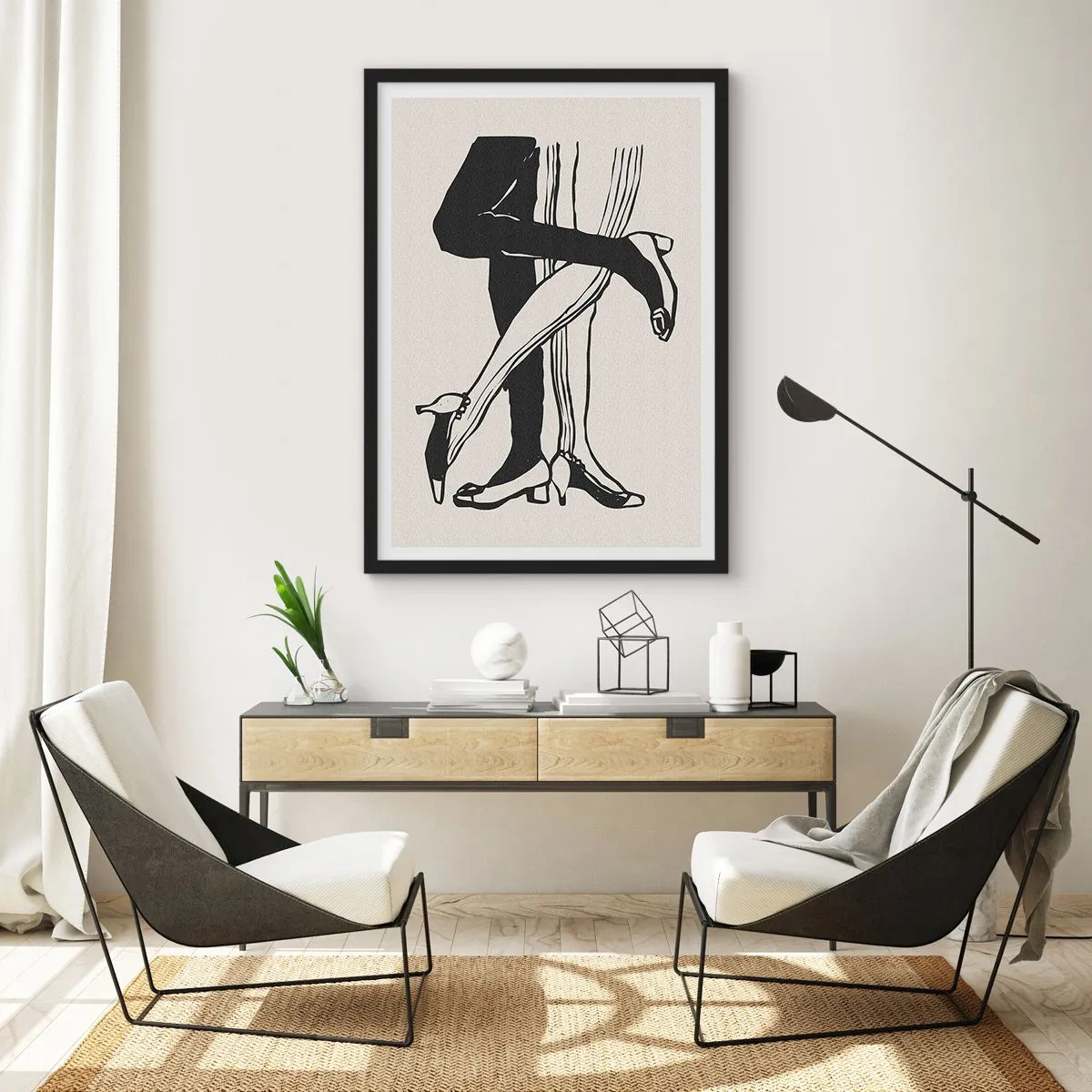 Poster in black frame - Black and white illustration of intertwined legs dancing - 50x70cm - Woman's Attribute - Modern wall decoration for the living room and bedroom ARTTOR
