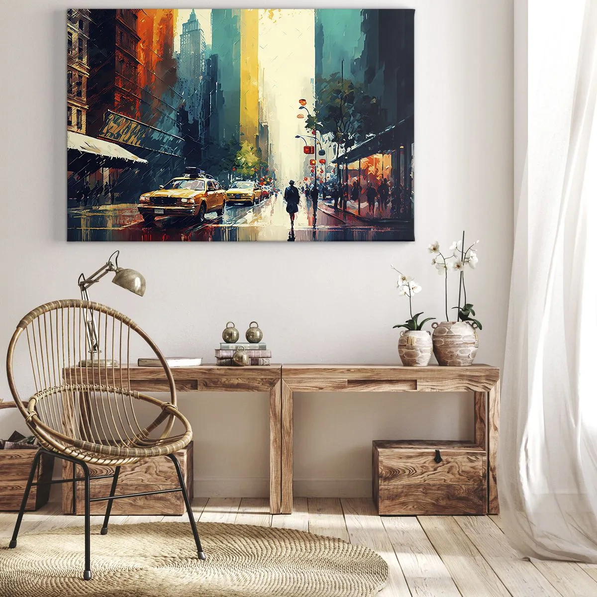 Canvas picture - A bustling city with taxis and passersby - 70x50cm - New York - Even Rain Is Colourful - Modern wall decoration for the living room and bedroom ARTTOR