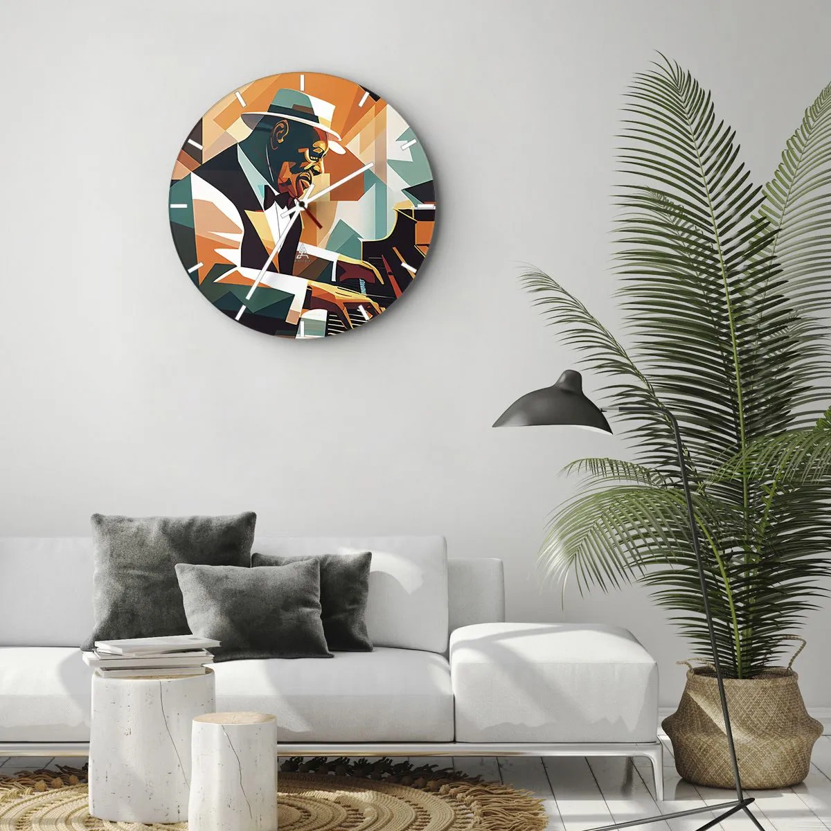 Wall clock - Clock on glass - Jazz musician at the piano in a geometric style - 30x30cm - All that Jazz - Modern wall decoration for the living room, kitchen, and bedroom ARTTOR