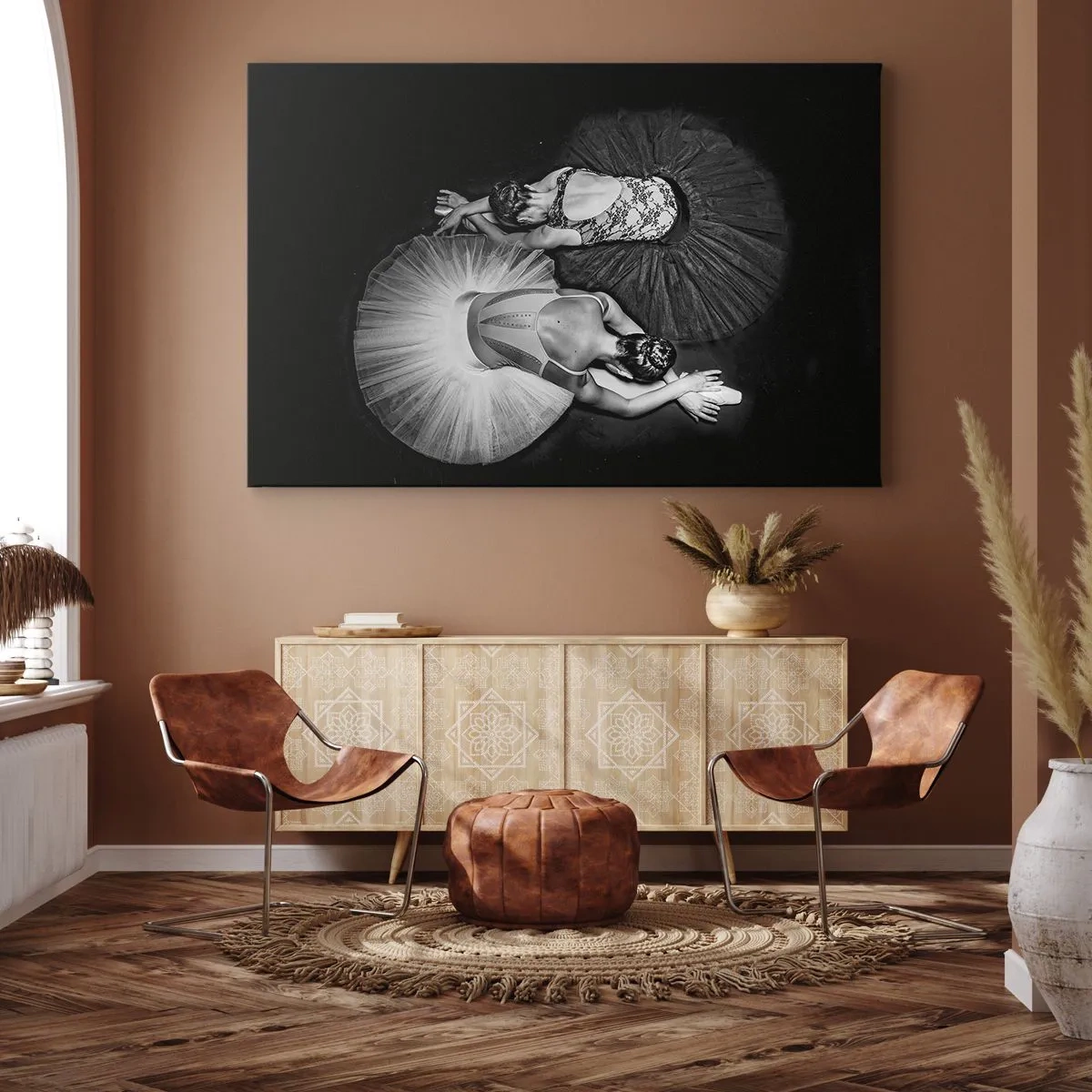 Canvas picture - A black and white image of two ballerinas in a dynamic pose. - 70x50cm - Yin and Yang - Ideal Balance - Modern wall decoration for the living room and bedroom ARTTOR