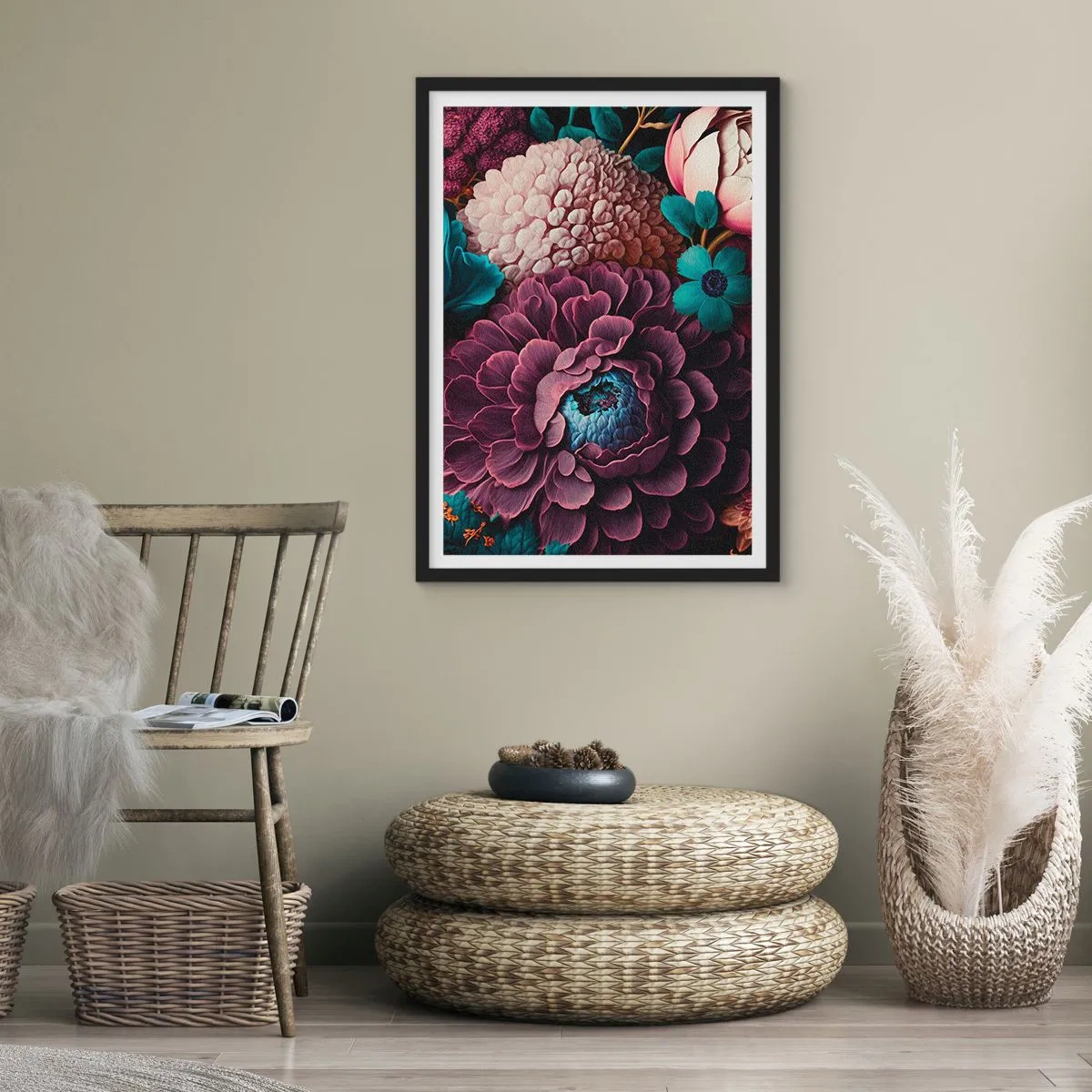 Poster in black frame - A flower arrangement in deep shades - 50x70cm - Rich Nature - Modern wall decoration for the living room and bedroom ARTTOR