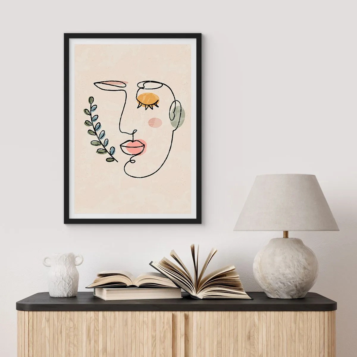 Poster in black frame - Minimalist line portrait of a woman on a beige background - 50x70cm - Discovered Peace - Modern wall decoration for the living room and bedroom ARTTOR