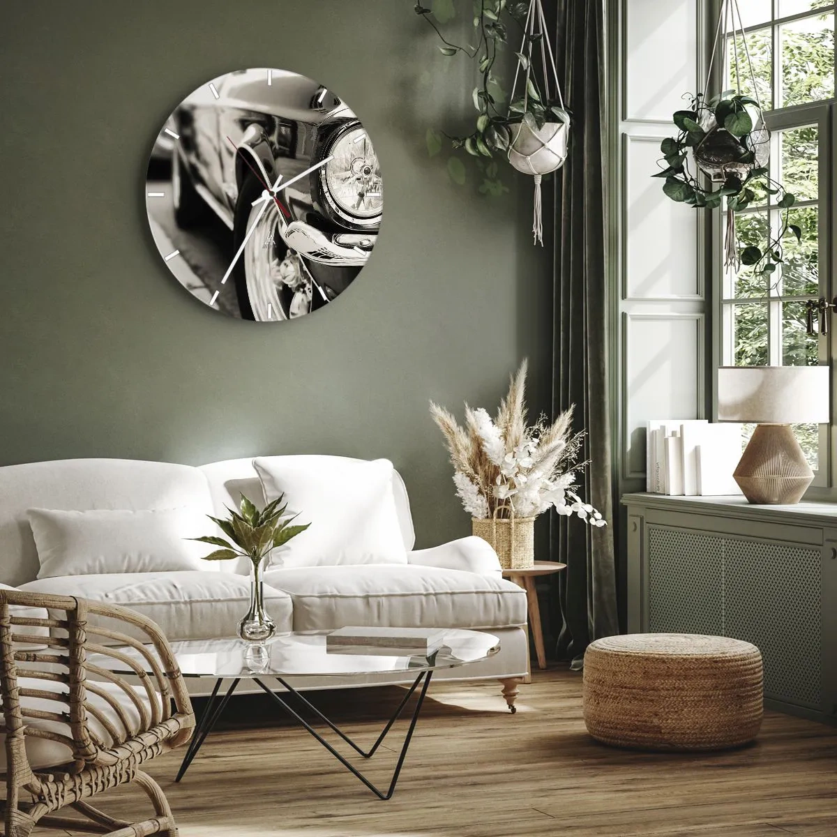Wall clock - Clock on glass - Close-up of a classic car's headlight - 30x30cm - Lasting Shine - Modern wall decoration for the living room, kitchen, and bedroom ARTTOR