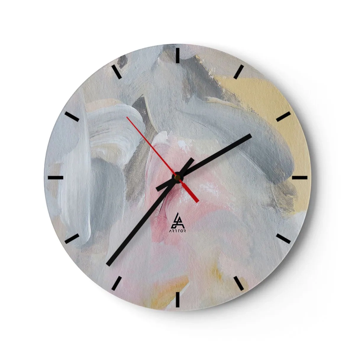 Wall clock - Clock on glass - Abstract pastel spots in shades of pink and gray - 30x30cm - In a Pastel World - Modern wall decoration for the living room, kitchen, and bedroom ARTTOR