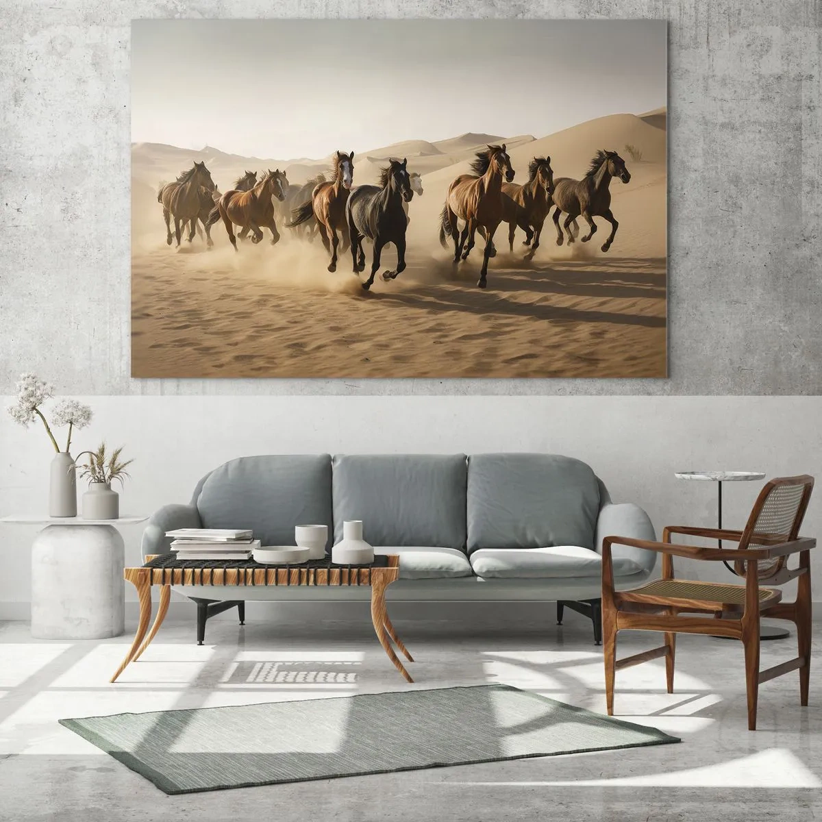 Glass picture - A herd of galloping horses in the desert among the sand dunes - 70x50cm - Free as a Wind - Modern wall decoration for the living room and bedroom ARTTOR