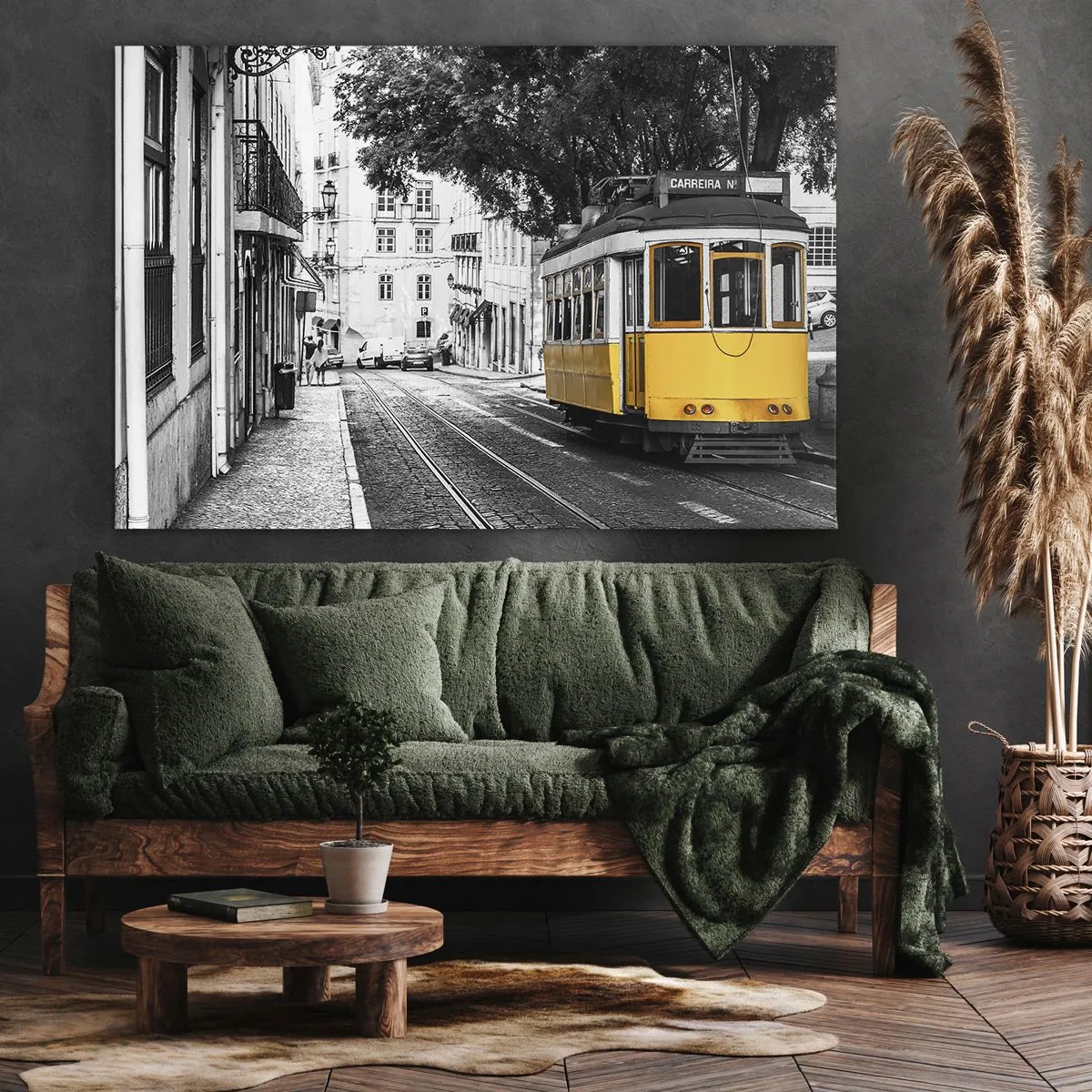 Canvas picture - A yellow tram against the backdrop of a black-and-white street - 70x50cm - With Fado in the Background - Modern wall decoration for the living room and bedroom ARTTOR