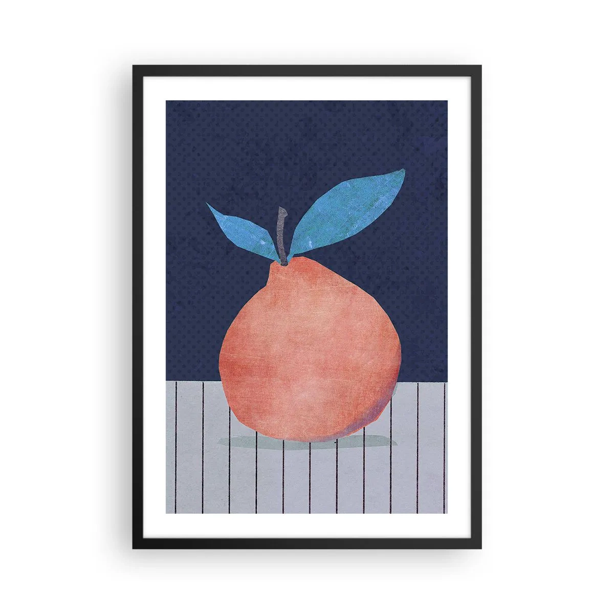 Poster in black frame - A minimalist illustration of an orange on a navy blue background - 50x70cm - Convexity and Plane - Modern wall decoration for the living room and bedroom ARTTOR