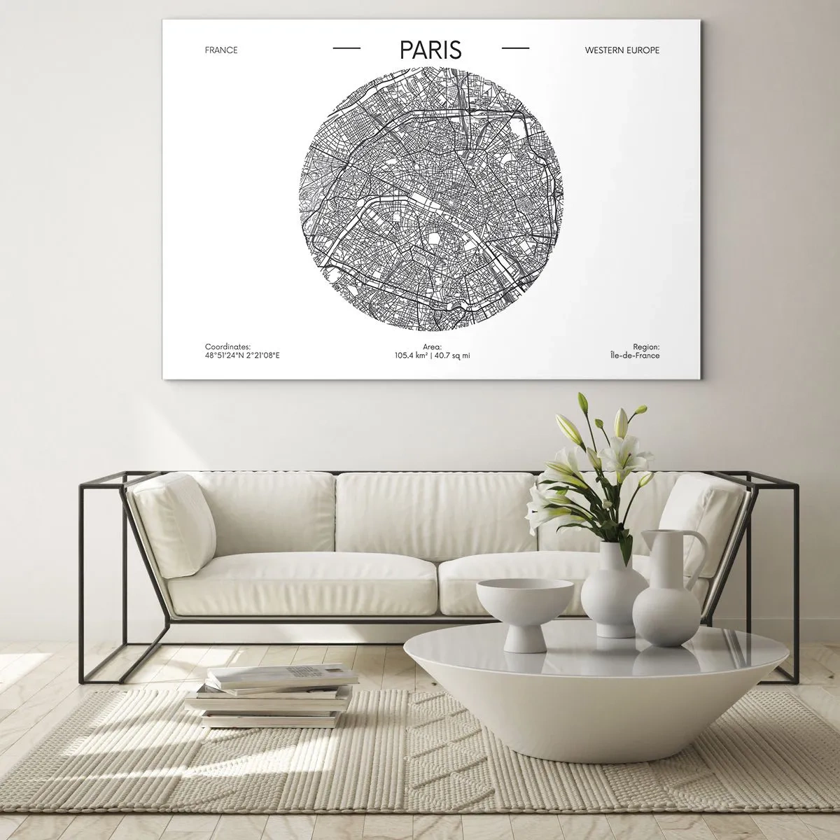 Glass picture - A circular map of Paris in black and white illustration - 70x50cm - Anatomy of Paris - Modern wall decoration for the living room and bedroom ARTTOR