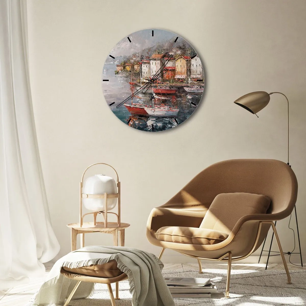 Wall clock - Clock on glass - A picturesque port with sailboats and coastal buildings - 30x30cm - Romantic Marina - Modern wall decoration for the living room, kitchen, and bedroom ARTTOR