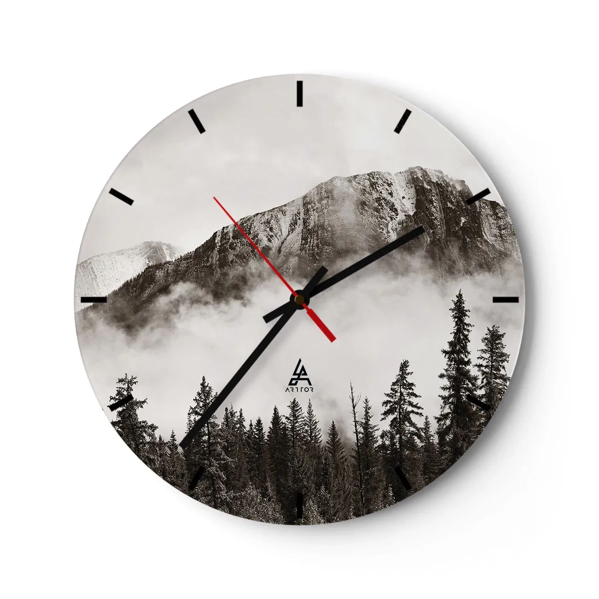 Wall clock - Clock on glass - Mountain landscape with forest in a foggy atmosphere - 30x30cm - Granite Ruler - Modern wall decoration for the living room, kitchen, and bedroom ARTTOR
