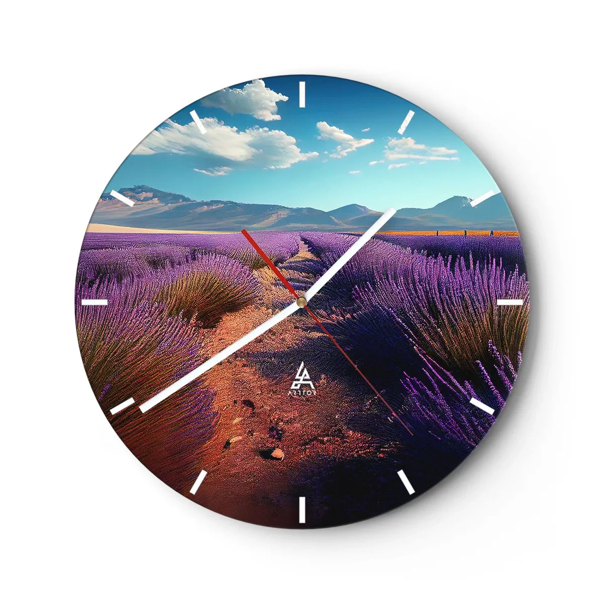 Wall clock - Clock on glass - A lavender field with a mountain landscape in the background - 30x30cm - Fragrant Fields - Modern wall decoration for the living room, kitchen, and bedroom ARTTOR