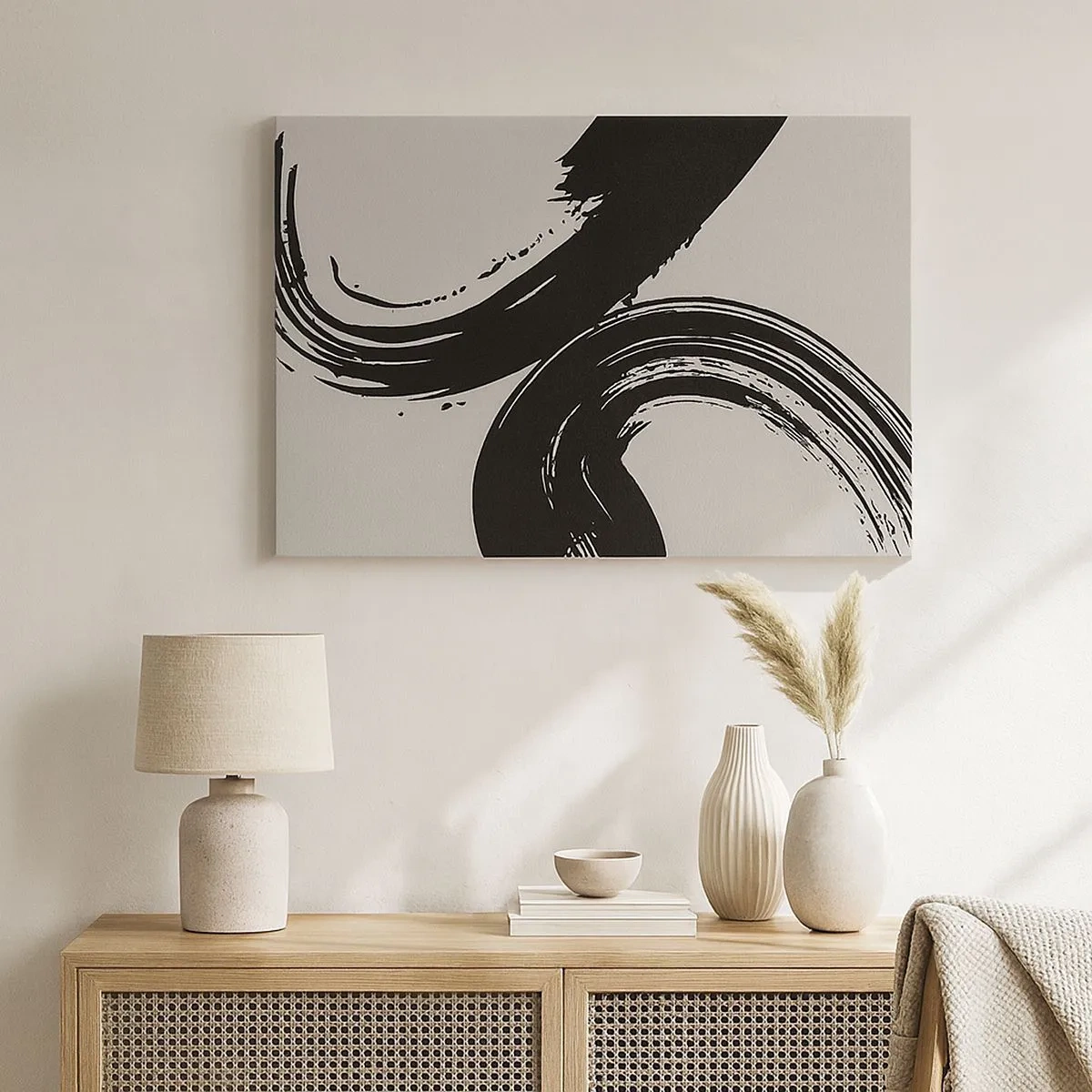 Canvas picture - Dynamic brushstrokes in black on a light background - 70x50cm - With Big Circural Strokes - Modern wall decoration for the living room and bedroom ARTTOR