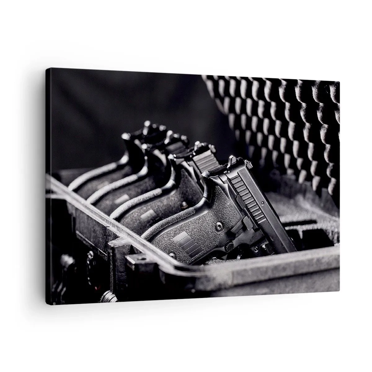 Canvas picture - A black and white image of a stack of guns in a suitcase. - 70x50cm - Male Sport - Modern wall decoration for the living room and bedroom ARTTOR