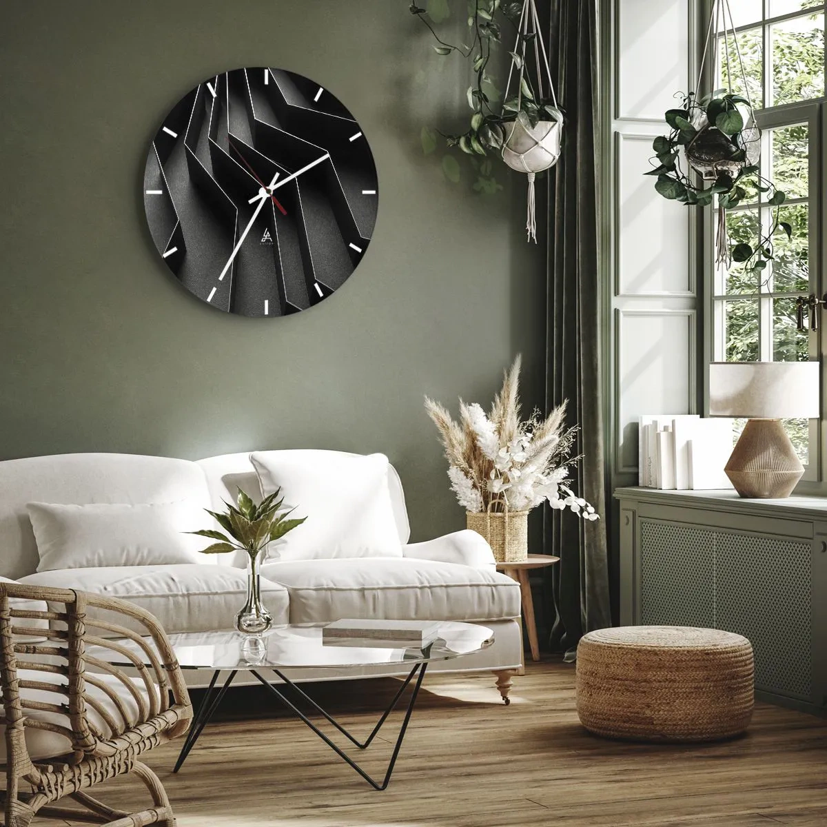 Wall clock - Clock on glass - Black and white structure with a spatial light effect - 30x30cm - Spacial Order - Modern wall decoration for the living room, kitchen, and bedroom ARTTOR