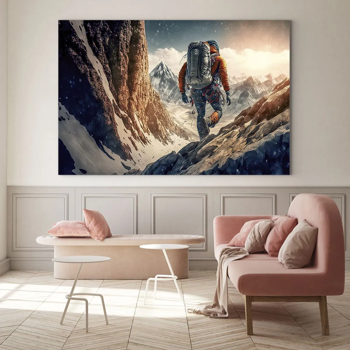 Glass picture - A hiker climbing a rocky, snow-covered mountainside - 70x50cm - Lonely Warrior - Modern wall decoration for the living room and bedroom ARTTOR