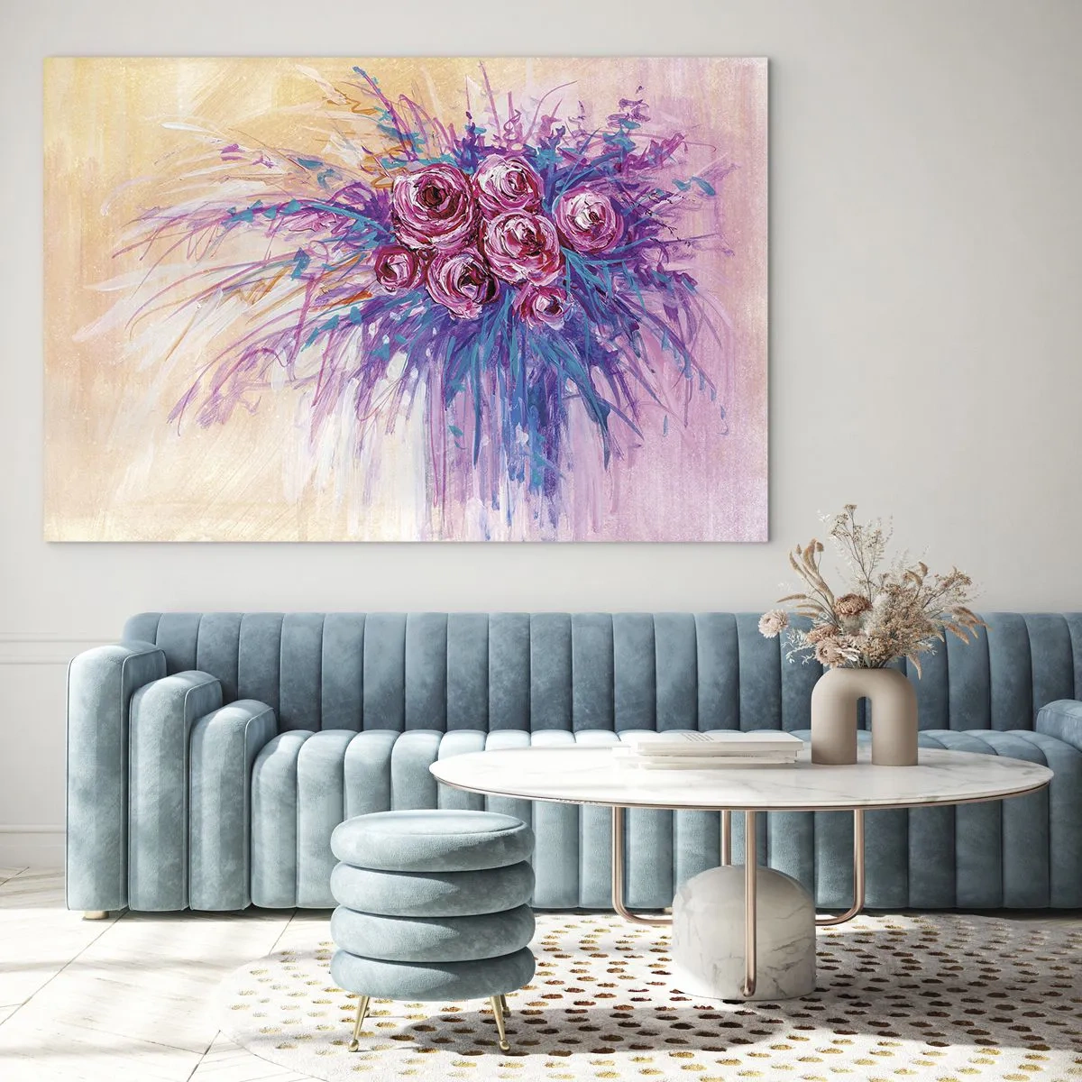 Glass picture - A bouquet of roses in shades of pink and purple on a pastel background - 70x50cm - Rose Fountain - Modern wall decoration for the living room and bedroom ARTTOR