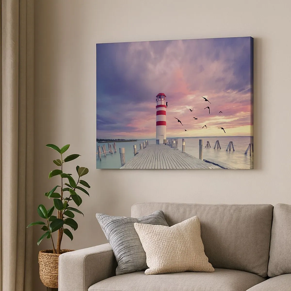 Canvas picture - A lighthouse on the pier surrounded by a picturesque sunset - 70x50cm - Time for Port - Modern wall decoration for the living room and bedroom ARTTOR