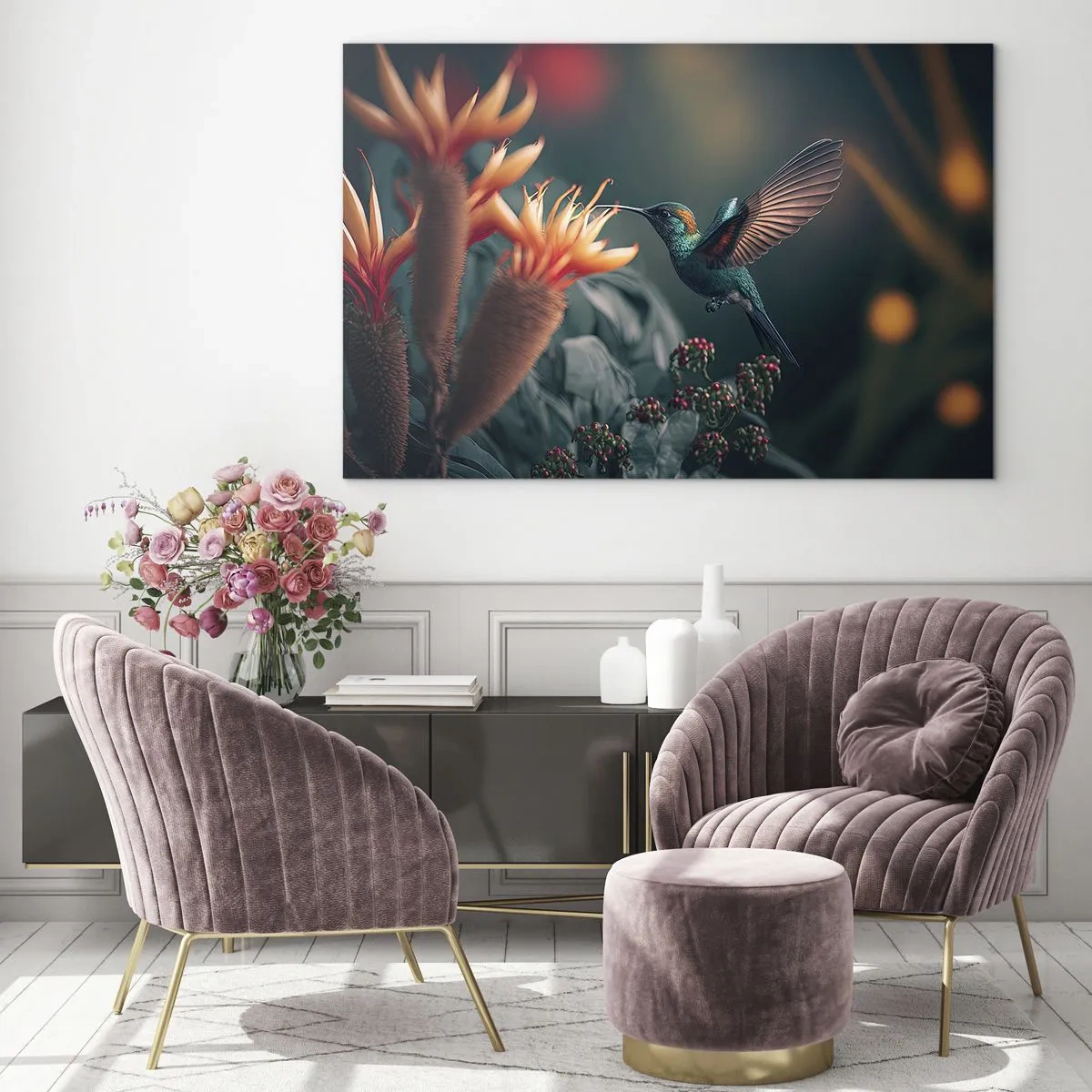 Glass picture - A hummingbird hovers over exotic flowers among the leaves. - 70x50cm - Really Colourful Life - Modern wall decoration for the living room and bedroom ARTTOR
