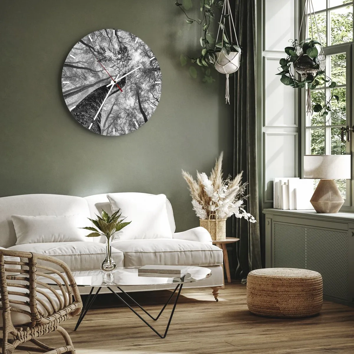 Wall clock - Clock on glass - Black and white view of the treetops from an upward perspective - 30x30cm - Race for the Light - Modern wall decoration for the living room, kitchen, and bedroom ARTTOR
