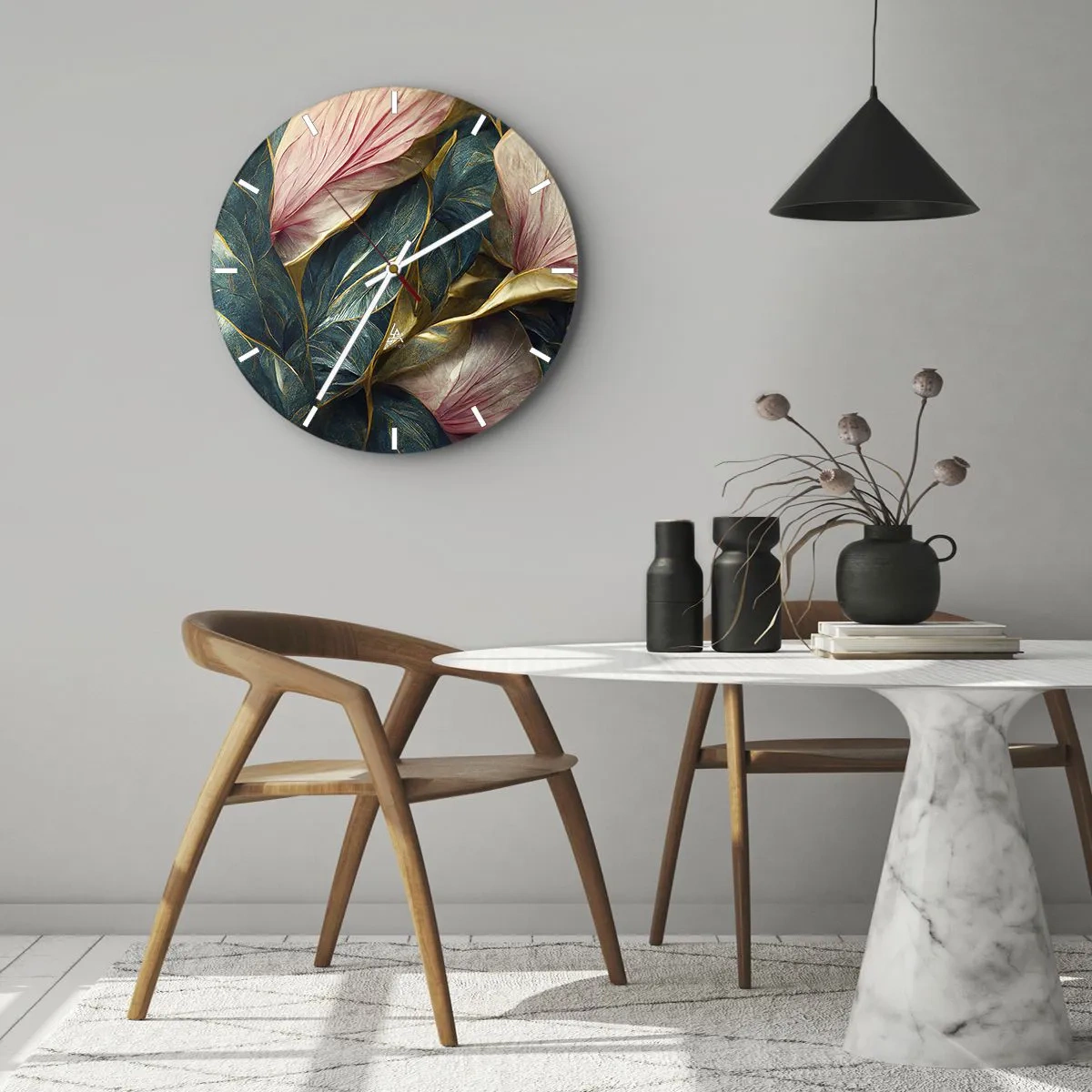 Wall clock - Clock on glass - Leaves in shades of green, gold and pink in an elegant form - 30x30cm - Natural Elegance and Style - Modern wall decoration for the living room, kitchen, and bedroom ARTTOR