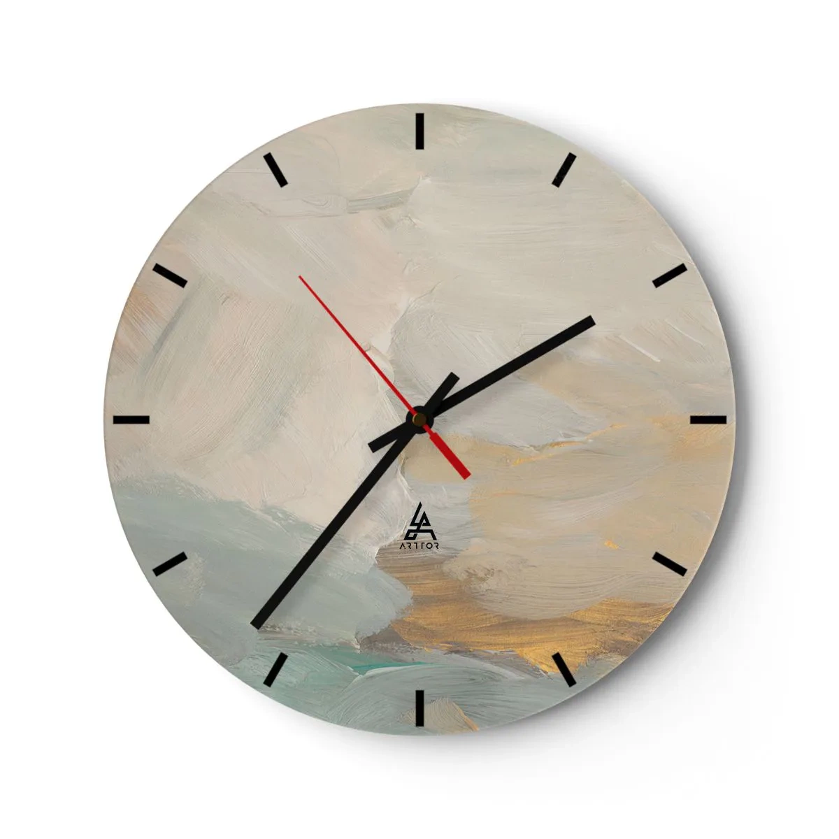 Wall clock - Clock on glass - Delicate brushstrokes in beige, blue and gold - 30x30cm - Abstract: Land of Gentleness - Modern wall decoration for the living room, kitchen, and bedroom ARTTOR