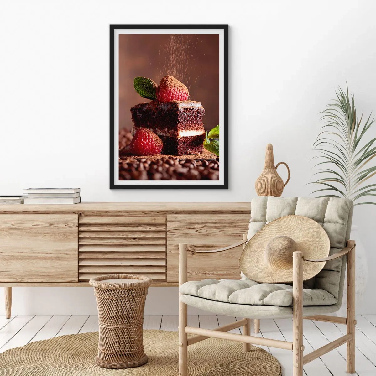 Poster in black frame - Chocolate cake with raspberries and cocoa sprinkles - 50x70cm - Life Is Sweet - Modern wall decoration for the living room and bedroom ARTTOR