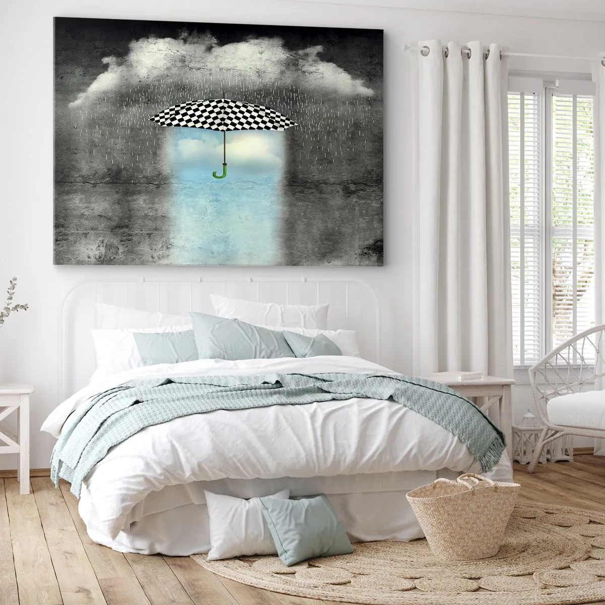 Canvas picture - A checkered umbrella over a rainy landscape - 70x50cm - And Yet It Is Possible - Modern wall decoration for the living room and bedroom ARTTOR